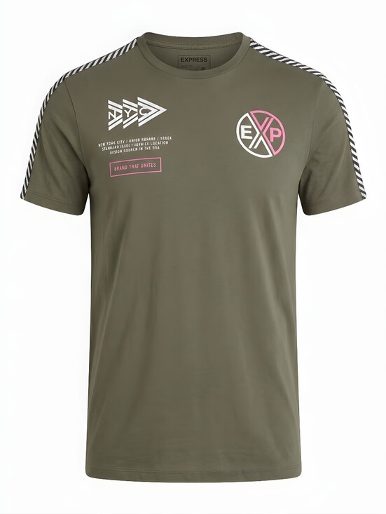 Express Other - Express Olive Green Short-Sleeve Tee with Pink & White Graphics